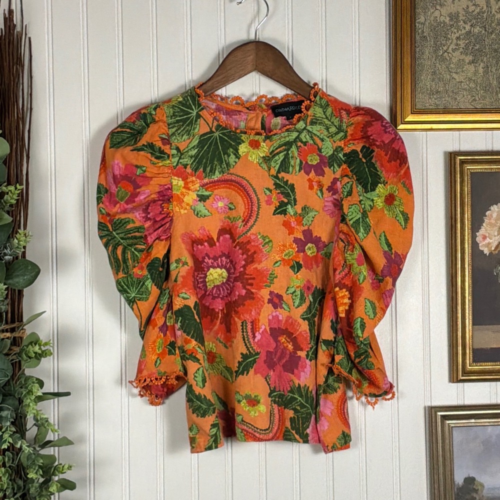 Cynthia Rowley Floral Puff Sleeve Top Womens Small Orange Excellent Linen Blend